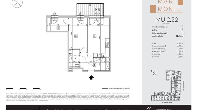 Rzut - Mieszkanie na sprzedaż 3 pokoje o powierzchni 52,26 m² - numer MU.2.22 w Marimonte - lokale inwestycyjne