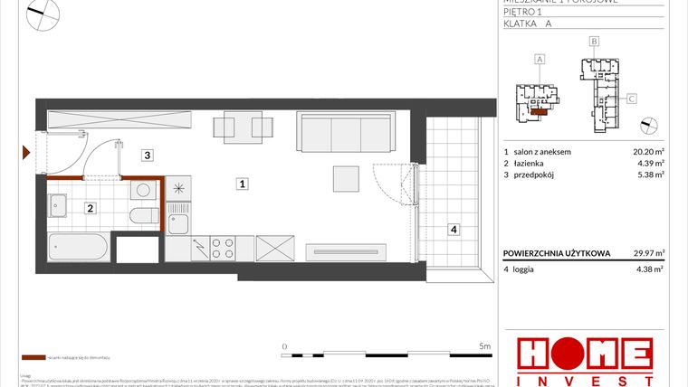 Rzut - Mieszkanie na sprzedaż 1 pokój o powierzchni 29,97 m² - numer B2-A009 w Warszawski Świt etap IX