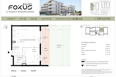 Rzut - Mieszkanie na sprzedaż 2 pokoje o powierzchni 40,88 m² - numer B1-5 w Fokus Bielany
