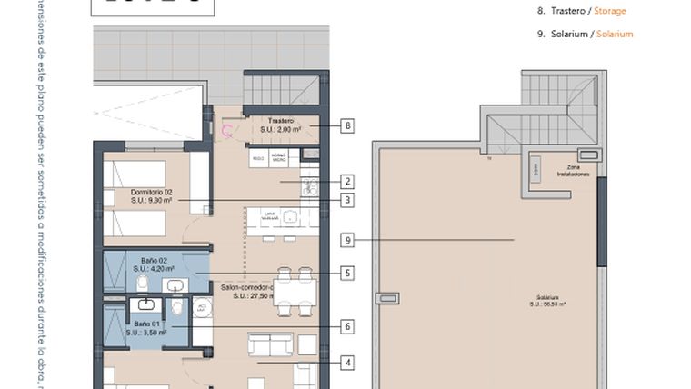 Rzut - Mieszkanie na sprzedaż 2 pokoje o powierzchni 64,6 m² - numer 3.2.C w LA Sunrise - Los Alcázares
