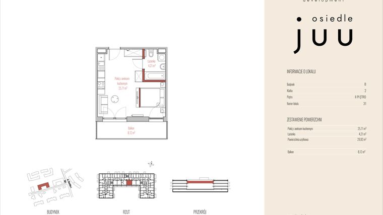 Rzut - Mieszkanie na sprzedaż 1 pokój o powierzchni 29,92 m² - numer B.M031 w Osiedle Juu