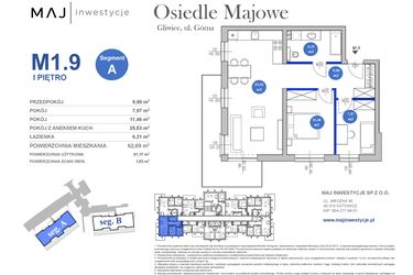 Rzut - Mieszkanie na sprzedaż 3 pokoje o powierzchni 61,17 m² - numer M1.9 w Osiedle Majowe 2.0 etap II