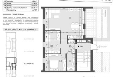 Rzut - Mieszkanie na sprzedaż 3 pokoje o powierzchni 69,25 m² - numer GC1 w Wzgórze Zelwerowicza