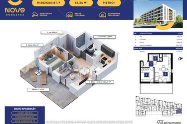 Rzut - Mieszkanie na sprzedaż 2 pokoje o powierzchni 38,34 m² - numer M07 w Nove Dobczyce