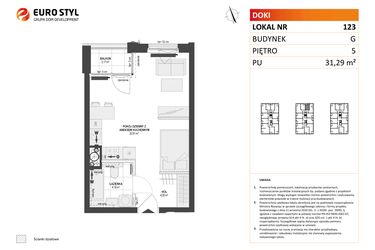 Rzut - Mieszkanie na sprzedaż 1 pokój o powierzchni 31,29 m² - numer G.123 w DOKI etap II (bud. G)