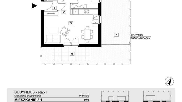 Rzut - Mieszkanie na sprzedaż 2 pokoje o powierzchni 43,36 m² - numer 3.1 w Jasieny