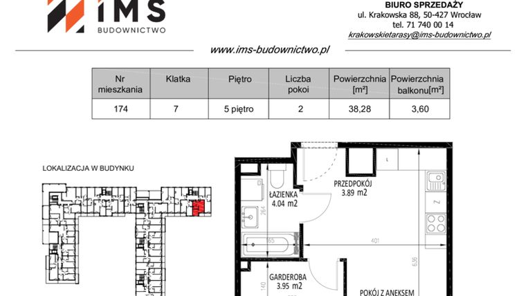 Rzut - Mieszkanie na sprzedaż 2 pokoje o powierzchni 38,21 m² - numer 174 w Krakowskie Tarasy etap V