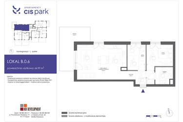 Rzut - Mieszkanie na sprzedaż 3 pokoje o powierzchni 64,99 m² - numer B.0.6 w CIS Park