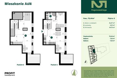 Rzut - Mieszkanie na sprzedaż 1 pokój o powierzchni 75,44 m² - numer POGO2/A/6N w Pogonowskiego 52