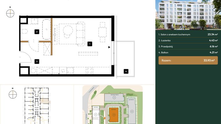 Rzut - Mieszkanie na sprzedaż 1 pokój o powierzchni 33,93 m² - numer 2.M1.13 w Wierzbowa 20