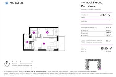 Rzut - Mieszkanie na sprzedaż 2 pokoje o powierzchni 43,26 m² - numer 2.B.4.10 w Murapol Zielony Żurawiniec