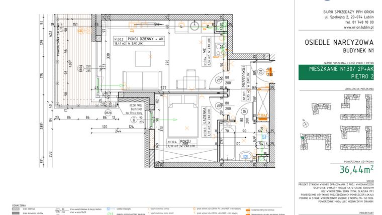 Rzut - Mieszkanie na sprzedaż 2 pokoje o powierzchni 36,44 m² - numer N1.30 w Osiedle Narcyzowe etap 2