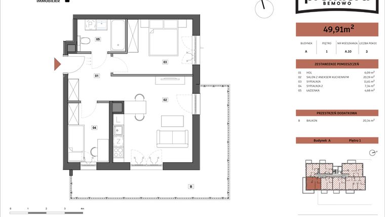 Rzut - Mieszkanie na sprzedaż 3 pokoje o powierzchni 49,91 m² - numer A.10 w Premiera Bemowo