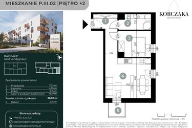 Rzut - Mieszkanie na sprzedaż 2 pokoje o powierzchni 38,02 m² - numer P.III.02 w Korczaka Apartamenty