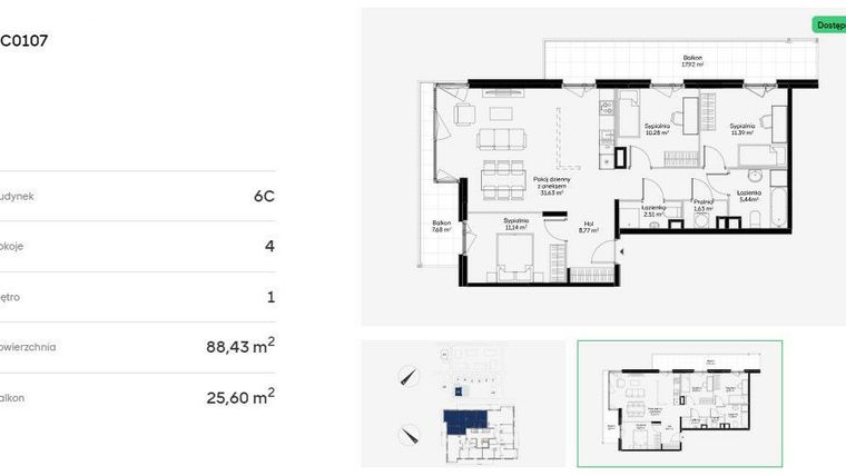 Rzut - Mieszkanie na sprzedaż 4 pokoje o powierzchni 88,43 m² - numer 6C0107 w Jaśminowy Mokotów etap VI