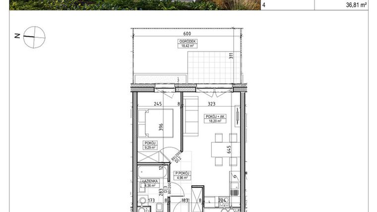 Rzut - Mieszkanie na sprzedaż 2 pokoje o powierzchni 36,81 m² - numer A3.00.07 w AURA