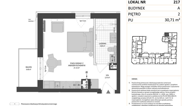 Rzut - Mieszkanie na sprzedaż 1 pokój o powierzchni 30,71 m² - numer A.217 w Esencja - Apartamenty inwestycyjne