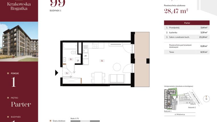Rzut - Mieszkanie na sprzedaż 1 pokój o powierzchni 28,67 m² - numer 1.M99 w Krakowska Rogatka