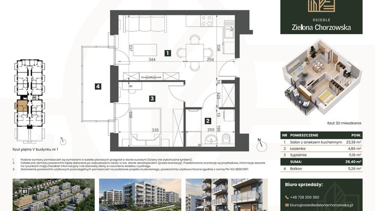 Rzut - Mieszkanie na sprzedaż 2 pokoje o powierzchni 39,4 m² - numer B1.M58 w Osiedle Zielona Chorzowska