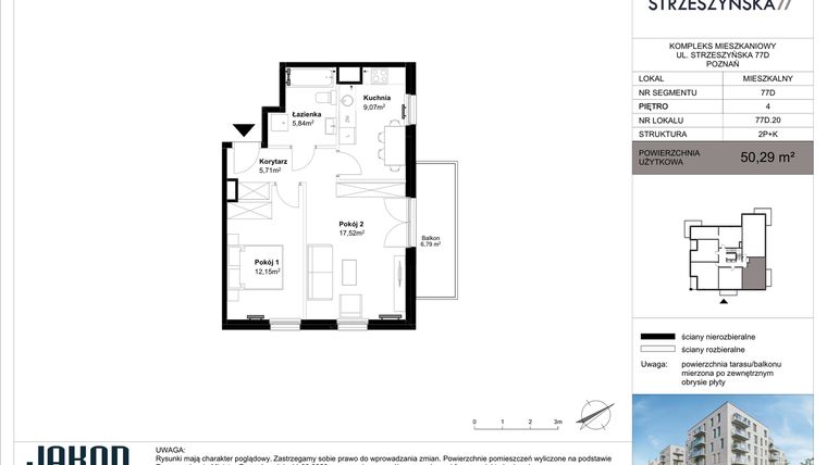 Rzut - Mieszkanie na sprzedaż 2 pokoje o powierzchni 50,29 m² - numer 77D.20 w Strzeszyńska 77