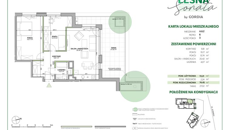 Rzut - Mieszkanie na sprzedaż 3 pokoje o powierzchni 74,45 m² - numer A.6.2 w Leśna Sonata