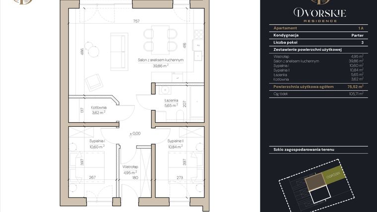 Rzut - Mieszkanie na sprzedaż 3 pokoje o powierzchni 75,52 m² - numer 1A w Dvorskie Residence