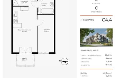 Rzut - Mieszkanie na sprzedaż 2 pokoje o powierzchni 42,74 m² - numer C4.4 w Enklawa Bukowa II