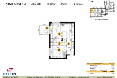 Rzut - Mieszkanie na sprzedaż 2 pokoje o powierzchni 39,5 m² - numer M18 w Punkt Wola