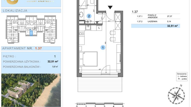 Rzut - Mieszkanie na sprzedaż 1 pokój o powierzchni 32,51 m² - numer 1.37 w Ustronie Luxury Apartments
