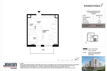 Rzut - Mieszkanie na sprzedaż 2 pokoje o powierzchni 36,93 m² - numer 77E.14 w Strzeszyńska 77
