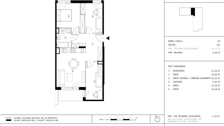 Rzut - Mieszkanie na sprzedaż 4 pokoje o powierzchni 69,21 m² - numer A4.41 w Dzikiej Jabłoni 6A