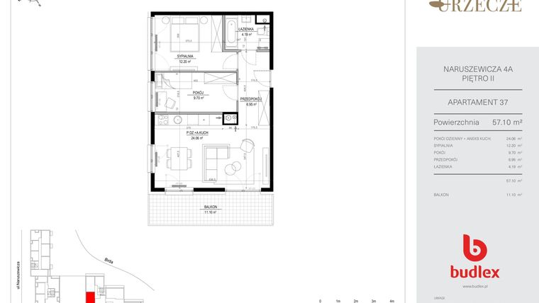 Rzut - Mieszkanie na sprzedaż 3 pokoje o powierzchni 57,1 m² - numer 4A.37 w Urzecze