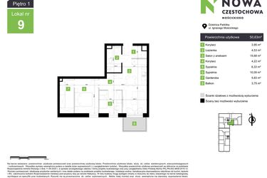 Rzut - Mieszkanie na sprzedaż 3 pokoje o powierzchni 50,63 m² - numer M9 w Nowa Częstochowa Mościckiego