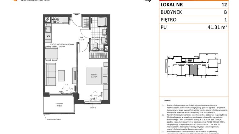 Rzut - Mieszkanie na sprzedaż 2 pokoje o powierzchni 41,31 m² - numer B12 w Przystań Brzeźno etap 1.2
