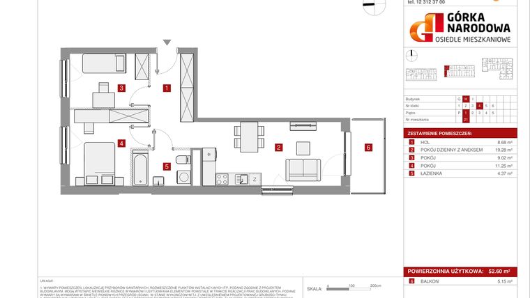 Rzut - Mieszkanie na sprzedaż 3 pokoje o powierzchni 52,6 m² - numer GN_4_1_H_21 w Osiedle Górka Narodowa