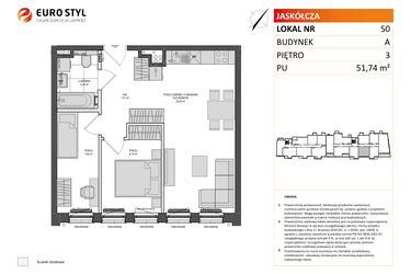 Rzut - Mieszkanie na sprzedaż 3 pokoje o powierzchni 51,74 m² - numer A.50 w Jaskółcza