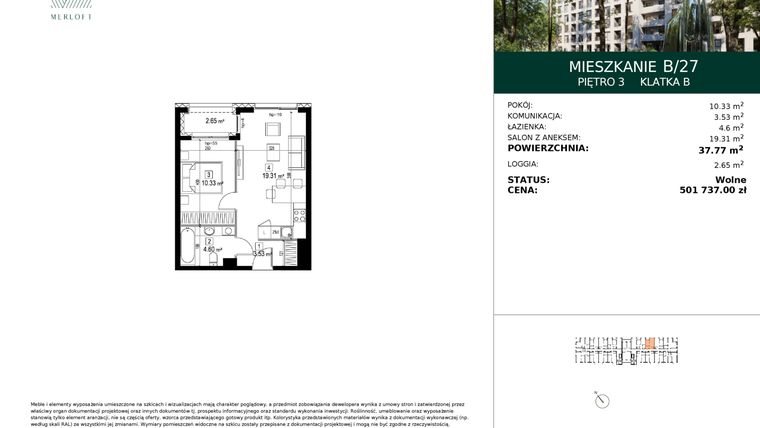 Rzut - Mieszkanie na sprzedaż 2 pokoje o powierzchni 37,77 m² - numer B/27 w Merloft