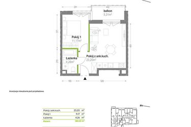 Rzut - Mieszkanie na sprzedaż 2 pokoje o powierzchni 38,63 m² - numer B.A.1.08 w Głębocka Vita