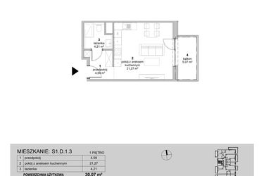 Rzut - Mieszkanie na sprzedaż 1 pokój o powierzchni 30,07 m² - numer S1.D.1.3 w ATAL Idea Swarzędz II
