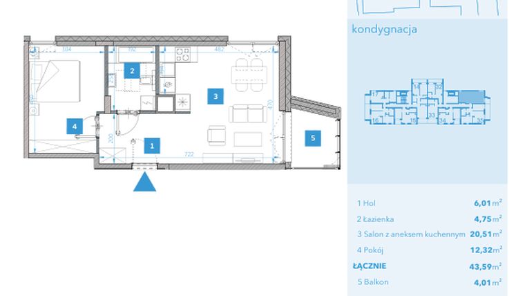 Rzut - Mieszkanie na sprzedaż 2 pokoje o powierzchni 43,65 m² - numer 36 w Apartamenty Macadamia