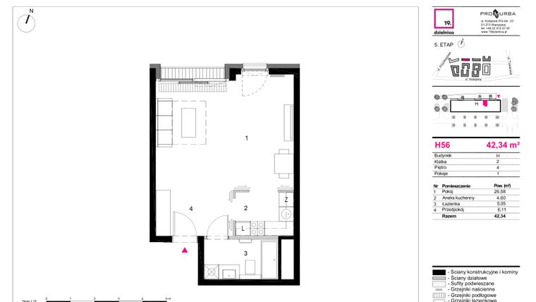 Rzut - Mieszkanie na sprzedaż 1 pokój o powierzchni 42,34 m² - numer H56 w 19. Dzielnica Etap V