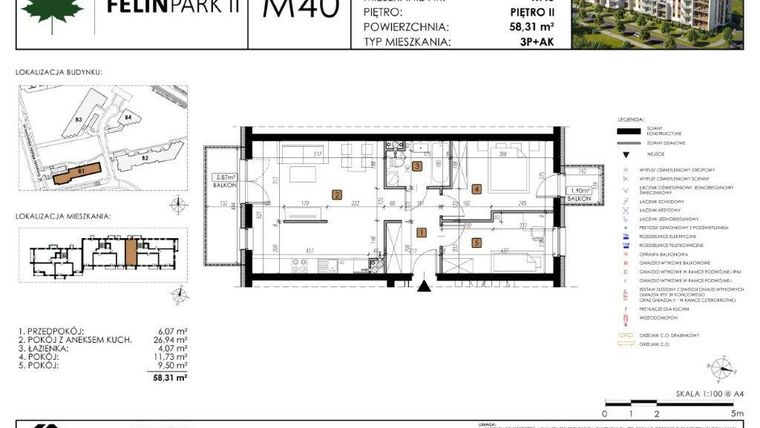 Rzut - Mieszkanie na sprzedaż 3 pokoje o powierzchni 58,31 m² - numer B1.M40 w Felin Park II