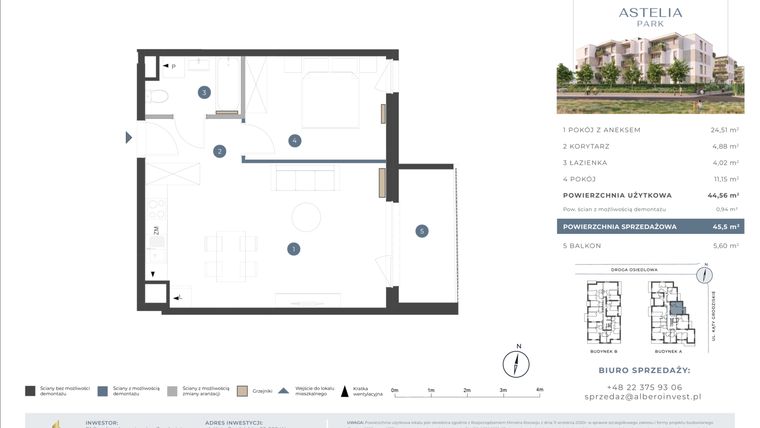 Rzut - Mieszkanie na sprzedaż 2 pokoje o powierzchni 44,56 m² - numer 1A.1A.13 w Astelia Park etap 1A i 3