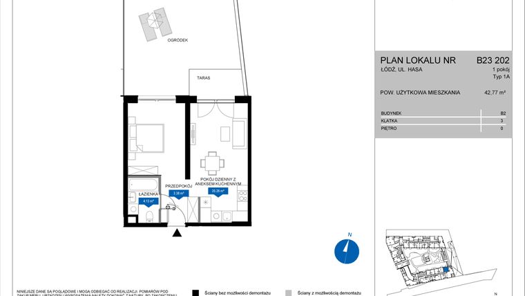 Rzut - Mieszkanie na sprzedaż 1 pokój o powierzchni 42,77 m² - numer B23 202 w Flow - bud. B2 A i bud. B2 B