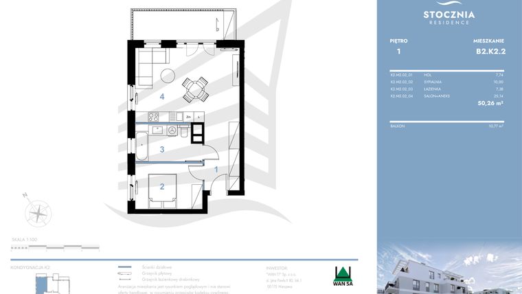 Rzut - Mieszkanie na sprzedaż 2 pokoje o powierzchni 50,26 m² - numer B2.K2.2 w Stocznia Residence