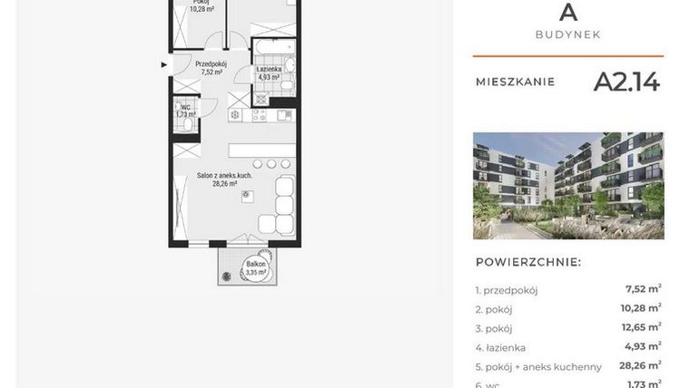Rzut - Mieszkanie na sprzedaż 3 pokoje o powierzchni 65,49 m² - numer A2.14 w Enklawa Bukowa