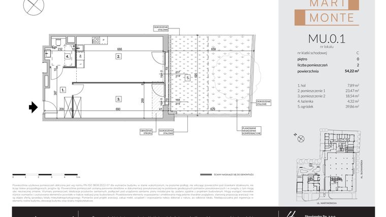 Rzut - Mieszkanie na sprzedaż 2 pokoje o powierzchni 54,22 m² - numer MU.0.1 w Marimonte - apartamenty inwestycyjne