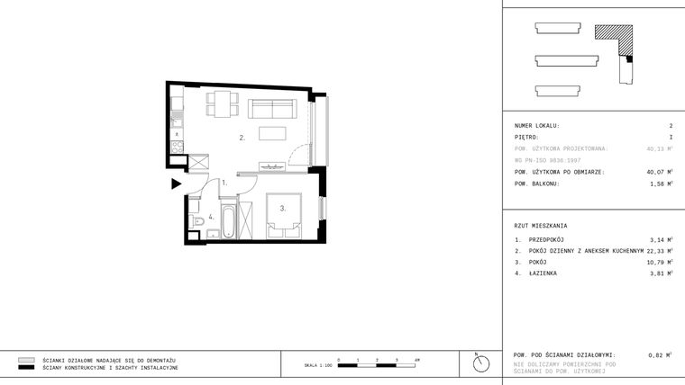 Rzut - Mieszkanie na sprzedaż 2 pokoje o powierzchni 40,07 m² - numer D2.1 w Wynalazek 3A