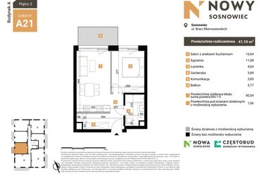 Rzut - Mieszkanie na sprzedaż 2 pokoje o powierzchni 41,1 m² - numer A21 w Nowy Sosnowiec