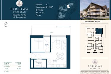 Rzut - Mieszkanie na sprzedaż 2 pokoje o powierzchni 35,36 m² - numer B1/007 w Perłowa Przystań - Szklarska Poręba